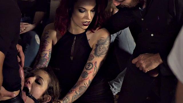 Corwed slut gagged & dominated in public bar for wild doggy-style action