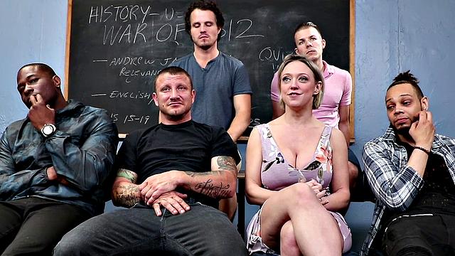 Busty MILF gangbanged in IR session with bukkake ending