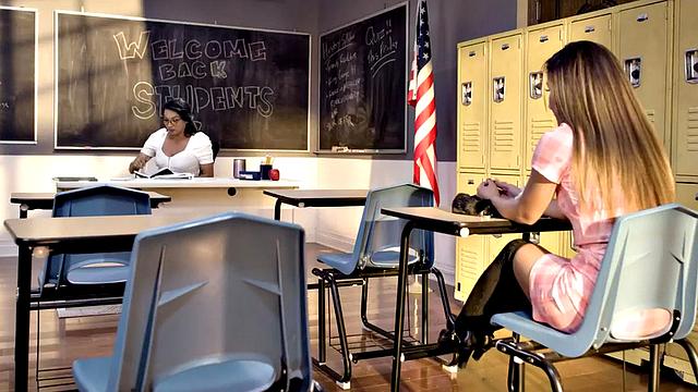 TS busty teacher fucks college babe in group sex