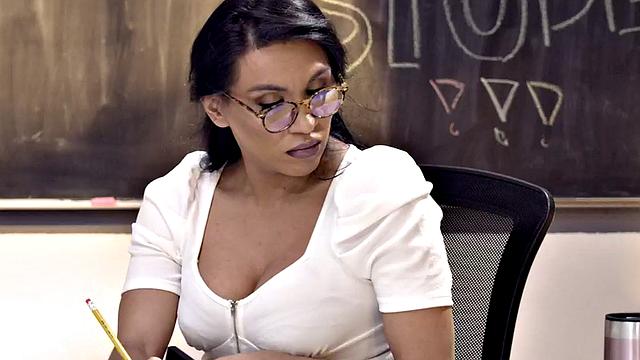 TS busty teacher fucks college babe in group sex