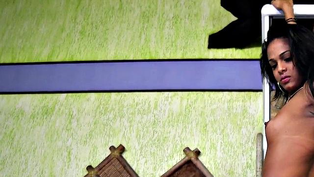 Watch this naughty brunette tgirl strip & tease before jerking off & ass-toying in the pool