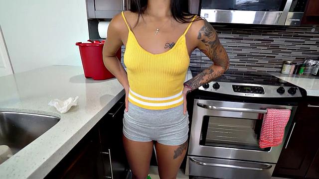 Kinky tattooed teen maid gives inked pussy to hung stud in POV kitchen