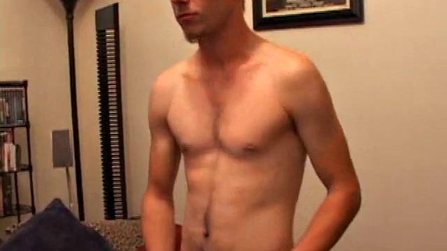 After stripping off clothes, Bullet gets to work on his stiffening cock. He strokes long and hard and in no time the boy explodes onto his hairy stomach. Then he scoops up warm cum and licks fingers clean.