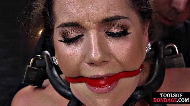 Ballgagged sub pussytoying with Hitachi electrosex