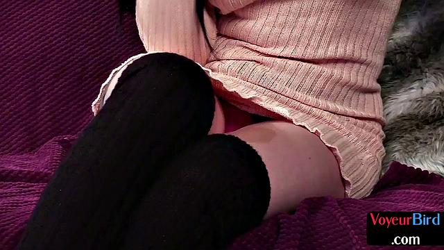 CFNM beauty seduces guy while he strokes dick