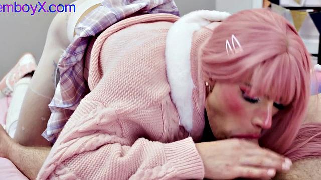 Pink wig and pantyhose femboy by top stud