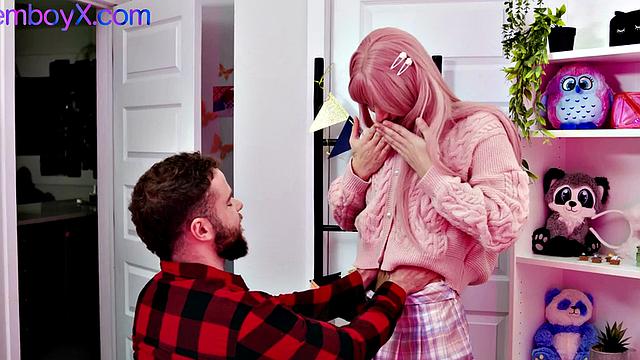 Pink wig and pantyhose femboy by top stud