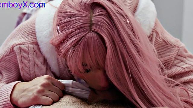 Pink wig and pantyhose femboy by top stud