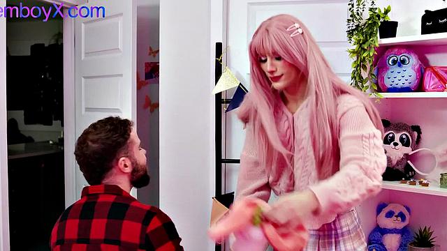 Pink wig and pantyhose femboy by top stud