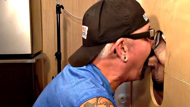 Gloryhole daddy face jizzed after giving blowjob