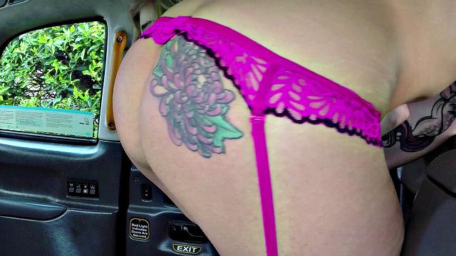 Naughty blonde student gets her tight pussy fingered and licked in a taxi