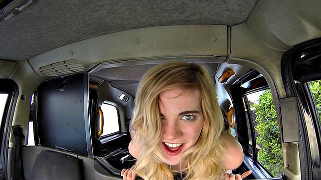 Naughty blonde student gets her tight pussy fingered and licked in a taxi