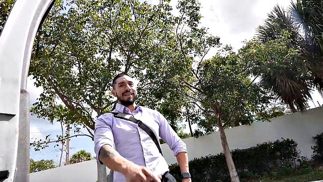 Real inked guy teasing in back of the van