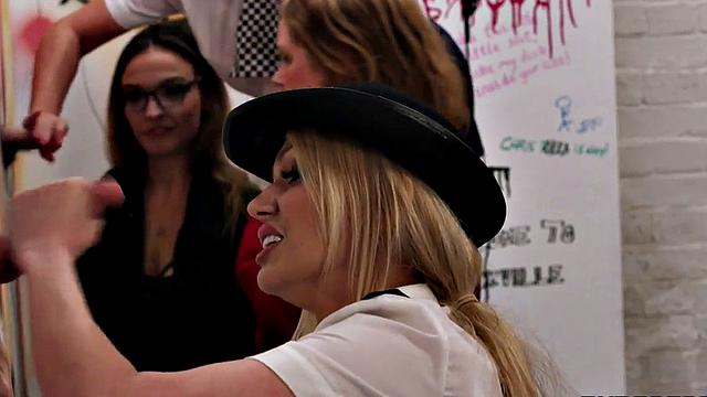 CFNM sluts enjoy sucking dicks in gloryhole in orgy