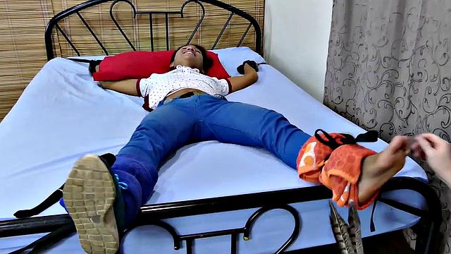 Skinny bondage Asian twink ticked and fucked by white