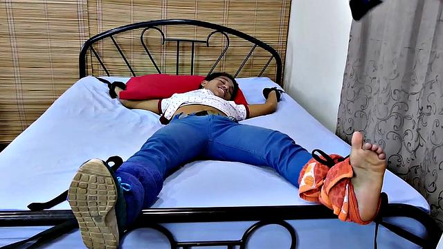 Skinny bondage Asian twink ticked and fucked by white