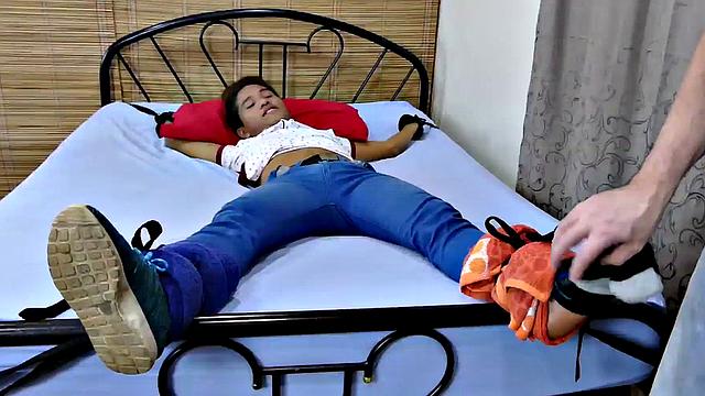 Skinny bondage Asian twink ticked and fucked by white