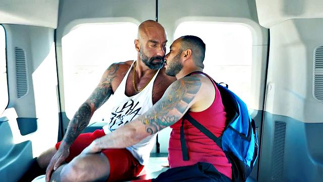 Fisting hunk with gloves fists hairy hole in van