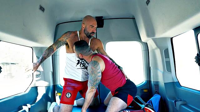 Fisting hunk with gloves fists hairy hole in van