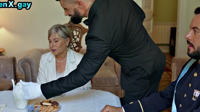 Officer analpounding bearded butler's on dinner