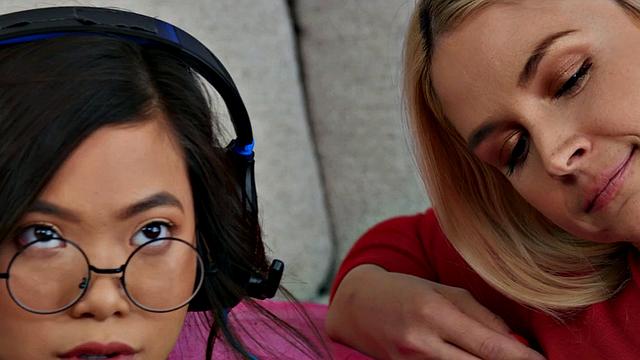 Fingered Asian teen has oral and scissors with busty MILF