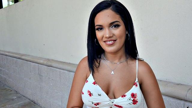 Watch this busty brunette get pounded in POV casting sex with big booty babe