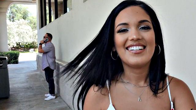 Watch this busty brunette get pounded in POV casting sex with big booty babe