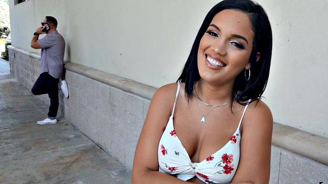 Watch this busty brunette get pounded in POV casting sex with big booty babe