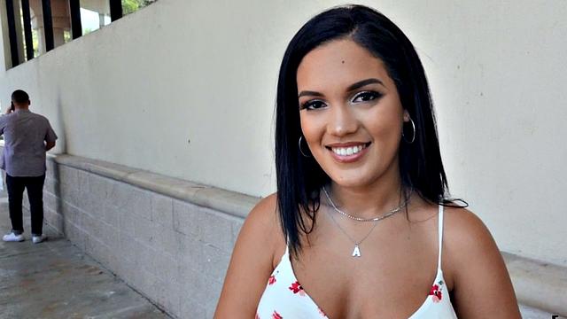 Watch this busty brunette get pounded in POV casting sex with big booty babe