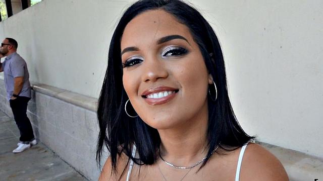 Watch this busty brunette get pounded in POV casting sex with big booty babe