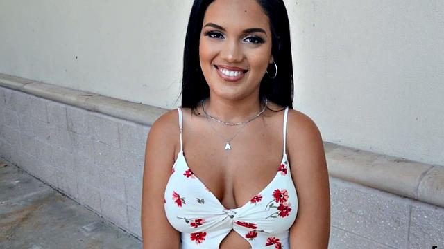 Watch this busty brunette get pounded in POV casting sex with big booty babe