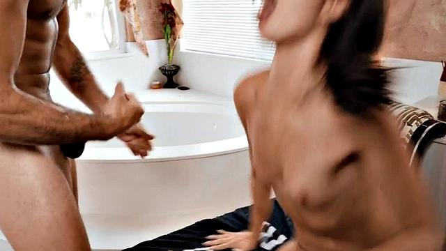 Watch tattooed brunette GF gush while getting pounded in bathroom