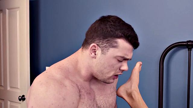 Inked jock bred by hunk after caught masturbating