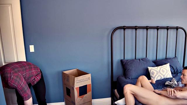 Inked jock bred by hunk after caught masturbating