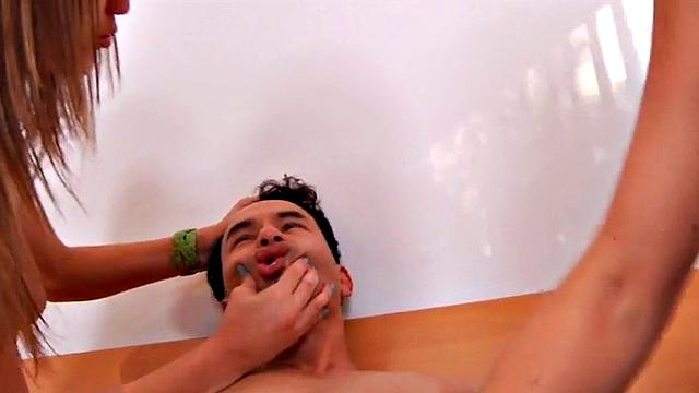 Pathetic sub used for pegging by strapon dominas