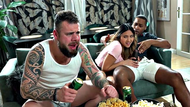 Petite Asian got pussy licked after watching movie