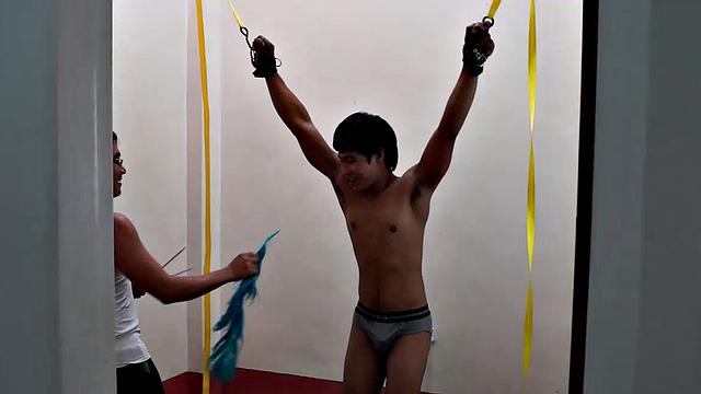 Str8 Pinoy stud Jesse Rivera is back in the tickle rack but not before he is suspended by his wrists for some wild male tickling action. Ricky tickles his sexy smooth body with feathers. Then he starts poking and tickling with his fingers.