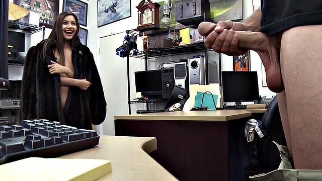 Cute pawnshop customer rides in office for more cash