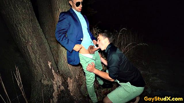 Гей-качок жестко трахает парня после минета на природе.