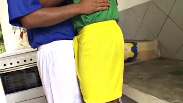 In this scene, Latino soccer jocks Junior and Mike hook up for some bareback post-game fun. Mike gets a taste of that huge cock before Junior slides it in his ass. Junior keeps Mike moaning as he fucks his ass.