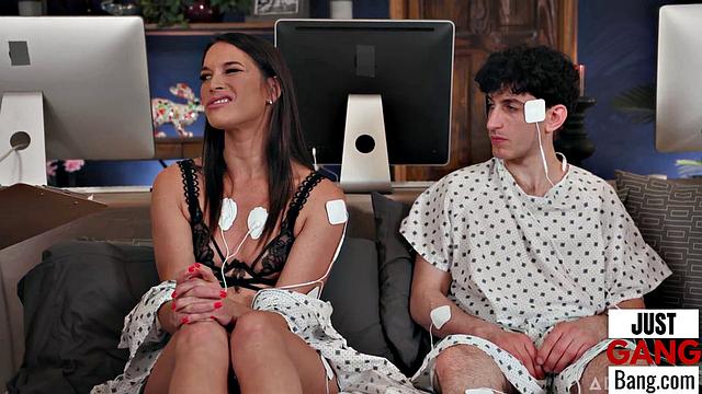 Big ass babe enjoys being in a gangbang