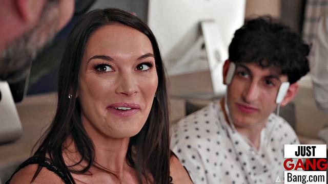 Big ass babe enjoys being in a gangbang