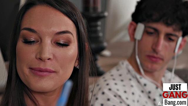 Big ass babe enjoys being in a gangbang