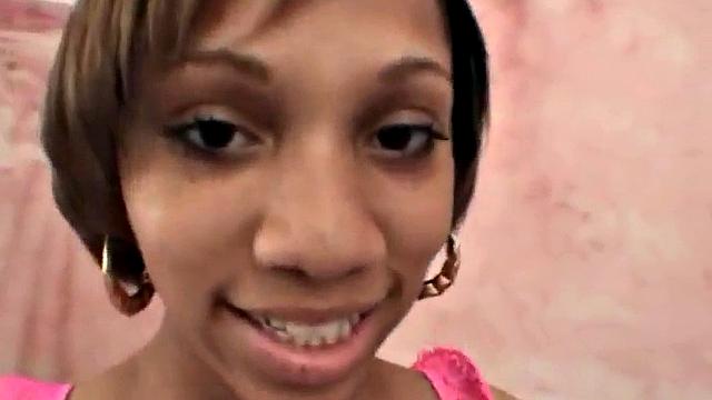 Petite ebony teen sucks on hard dick