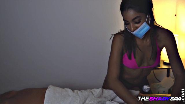 Spa slut loves stroking big dick after hot oiled massaging