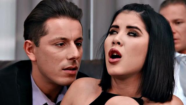 Classy babe with small boobs goes in MMF threesome