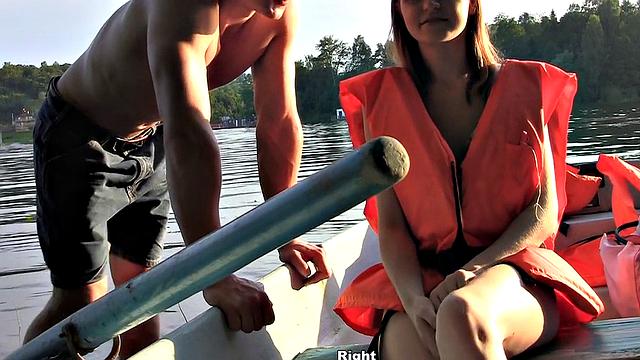 Skinny girl gets nailed in a boat in a MMF threesome