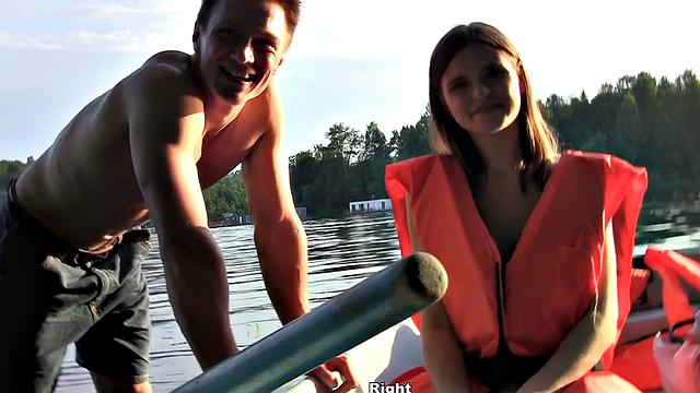 Skinny girl gets nailed in a boat in a MMF threesome