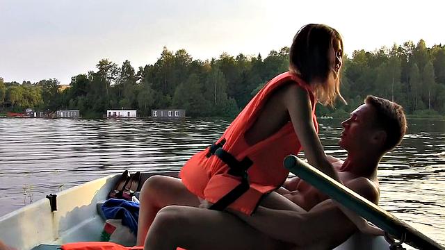 Skinny girl gets nailed in a boat in a MMF threesome