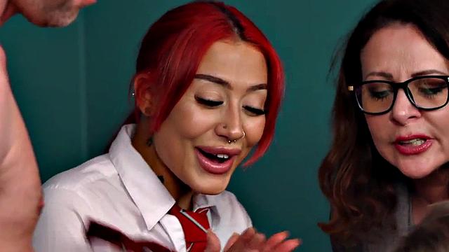 CFNM students suck cock in 3some in front of voyeurs